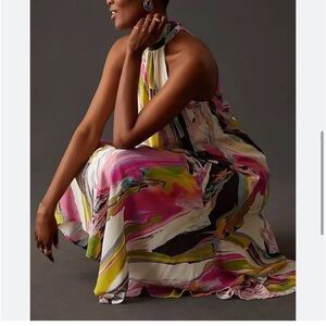 NWT Anthropologie Silk Watercolor Halter Dress